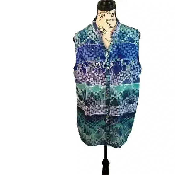 Millennium XL Multicolor Geometric Print Button Down Sheer Blouse Sleeveless - Picture 1 of 6